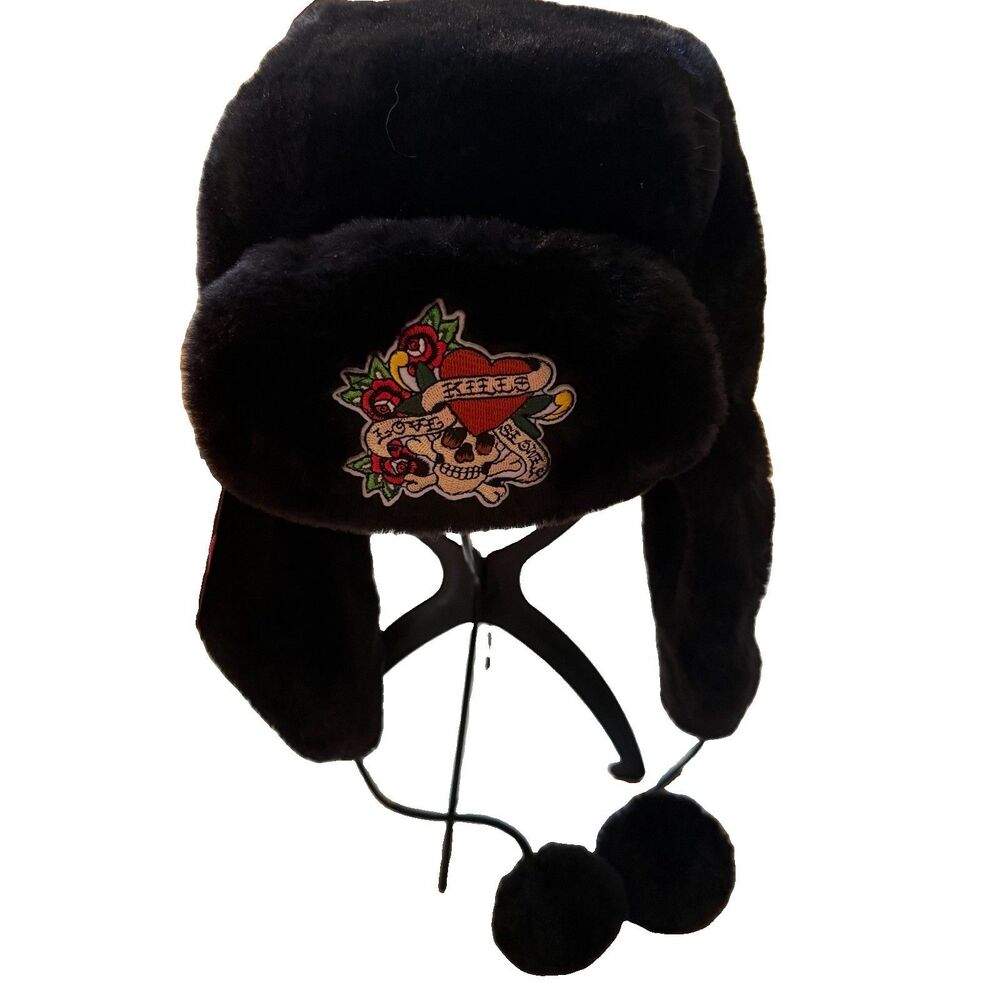 ED HARDY Embroidered Faux Fur Lined Trapper Hat Love Kills Slowly Skull Heart